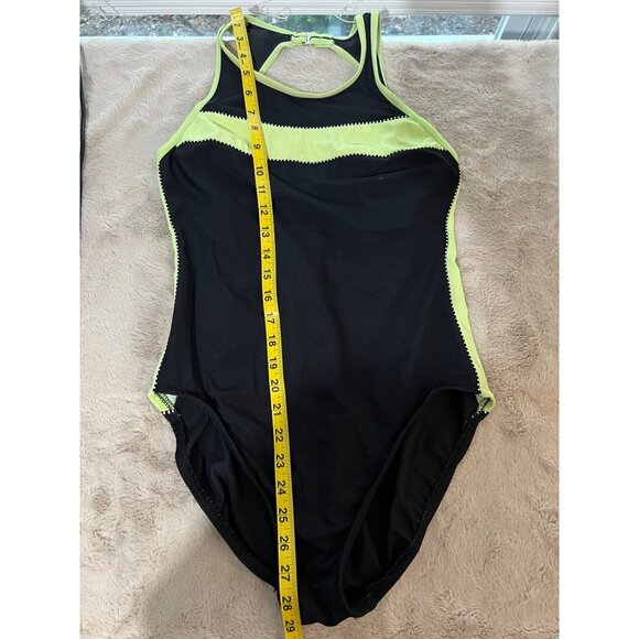 Black & Neon Green One-Piece Swimsuit With Open Back & Built-In Bra By Miraclesu - Picture 10 of 13